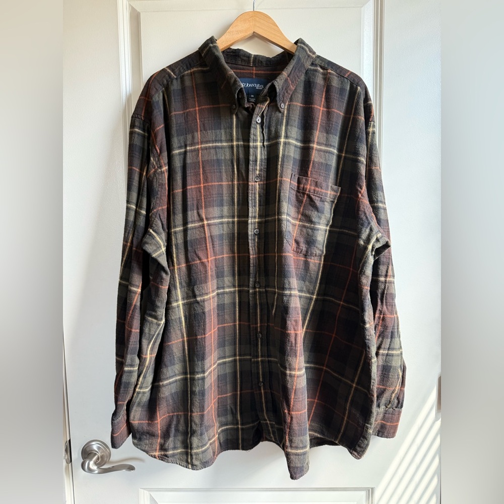 St. John's Bay Brown Green and Orange Plaid Shirt Men’s Size 3XL EUC 100% Cotton